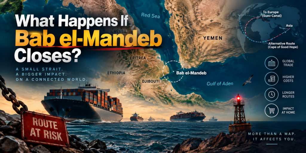 Map of Bab el-Mandeb Strait showing global shipping routes and the potential supply chain impact if the maritime chokepoint closes.